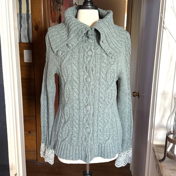 Anthropologie Sleeping on Snow Cardigan Sweater XL Cable Knit Lace Cuff Sleeves - Picture 3 of 16